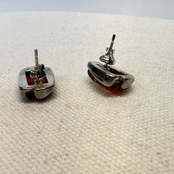 Sterling Silver Honey Baltic Amber Rectangular‎ Stud Earrings Marked - Picture 13 of 16